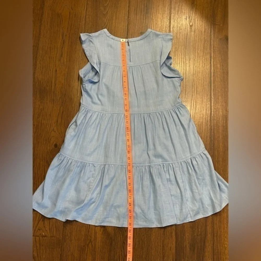 New In Light Blue Tiered Flutter Sleeve Mini Dress Small Pleated Neckline Pocket